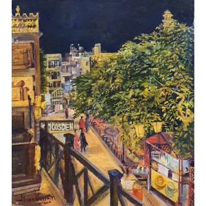 Israr Hussain, Walled City Night Scene, 18 x 16 Inch, Oil on Board, Cityscape Painting, AC-ISHN-019